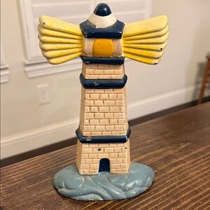 Cast Iron Lighthouse Doorstop with Yellow and Blue Accents